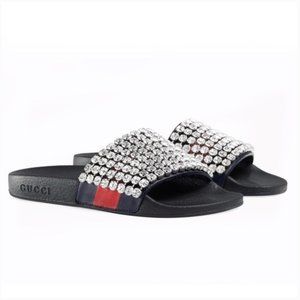 Gucci Crystal Embellished Web Slide Sandals Calfskin Leather and Rubber NEW